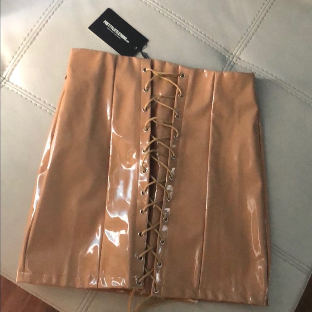Camel Vinyl Lace Up Mini Skirt